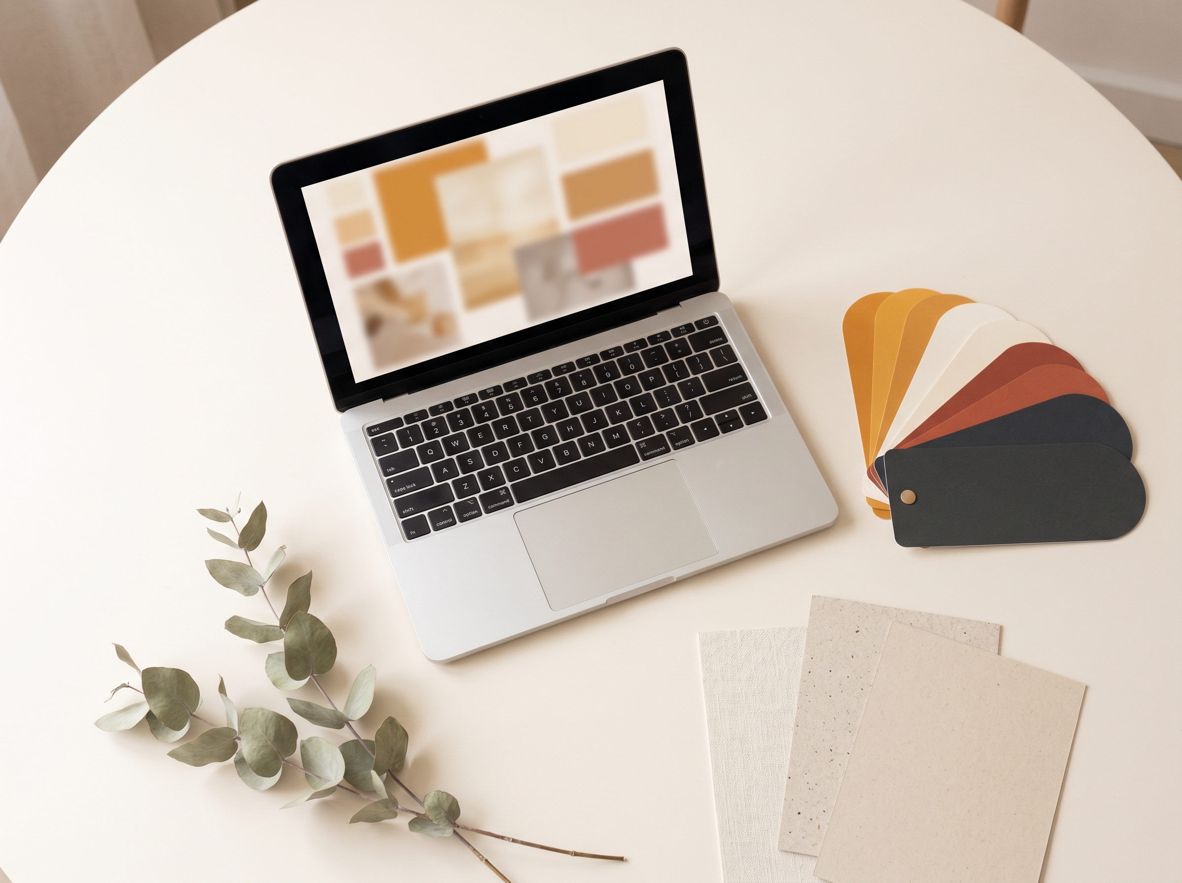WritePage AI theme creator turning a few words into a finished blog design, shown with color swatches and a laptop displaying a generated layout